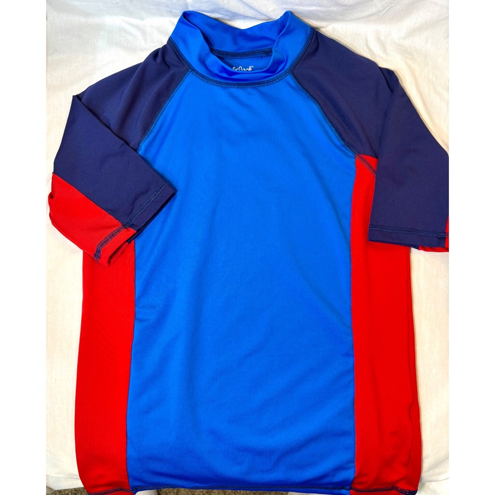Cat & Jack Boys Rash Guard Swim Shirt Blue Red Colorblock Short Sleeve L 12/14